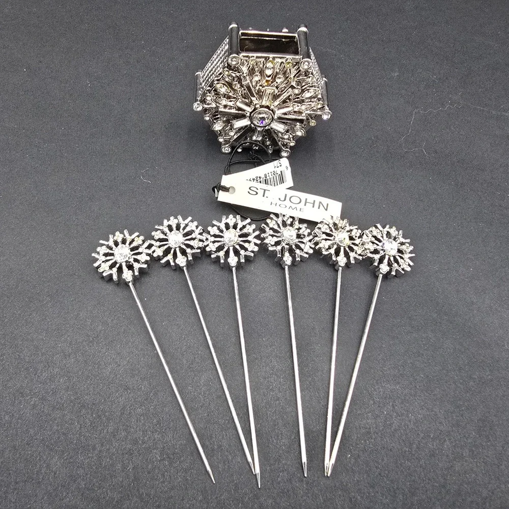 St. John Home Crystal Snowflake Cocktail Pick Set with Holder Silver Tone New